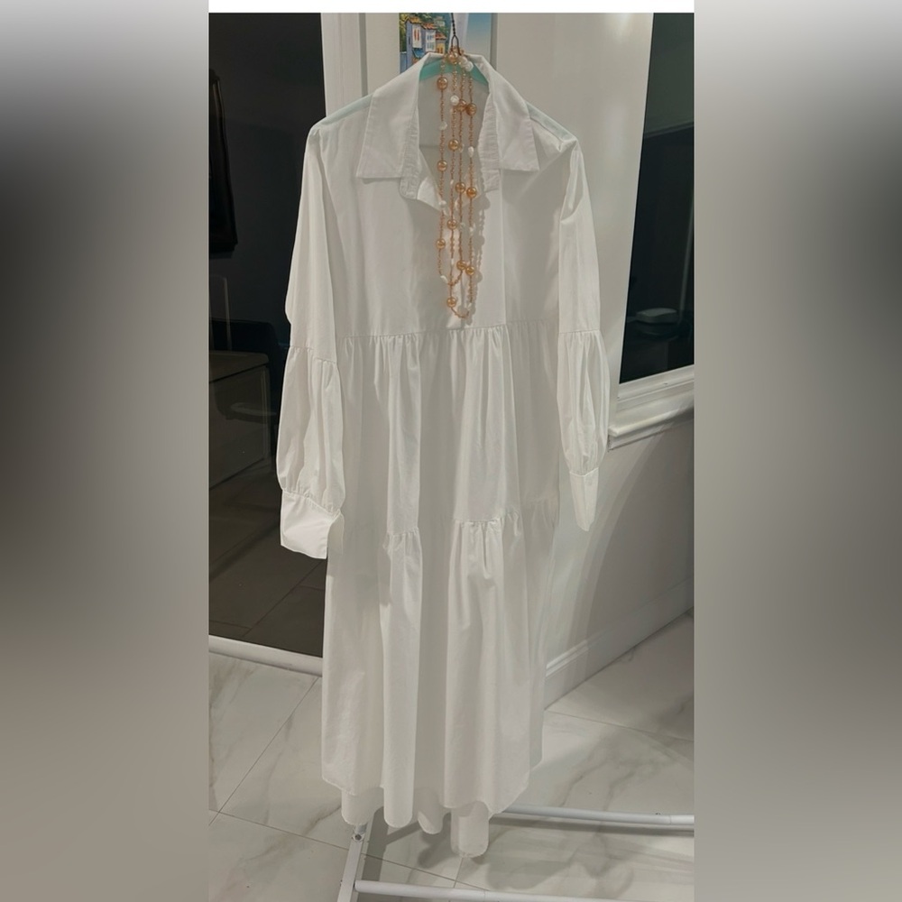 White Tiered Button-Front Shirt Dress One Size